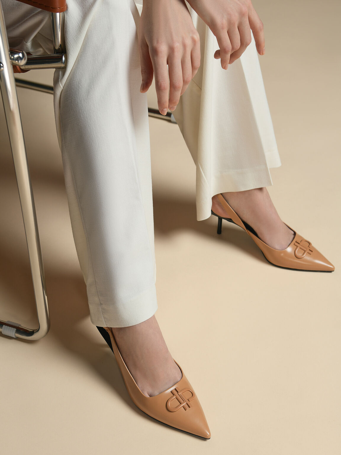 Icon Leather Pointed Toe Slingback Heels, Camel