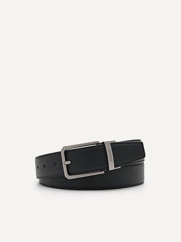 Embossed Leather Reversible Pin Belt, Black, hi-res
