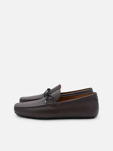Saffiano Leather Bow Driving Shoes, Dark Brown Saffiano, hi-res