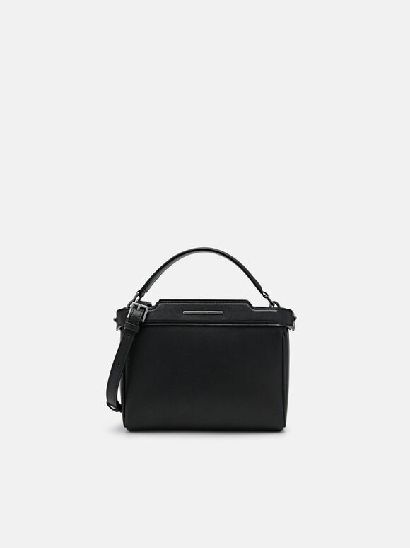 Leather Structured Sling Bag, Black, hi-res