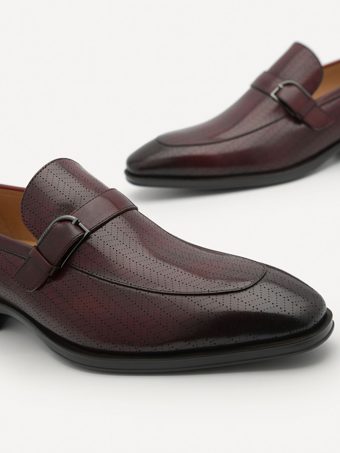 Leather Buckle Loafers, Maroon, hi-res
