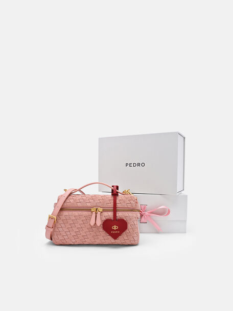 Alyssa Suede Woven Shoulder Bag with Charm, Pink Weave, hi-res