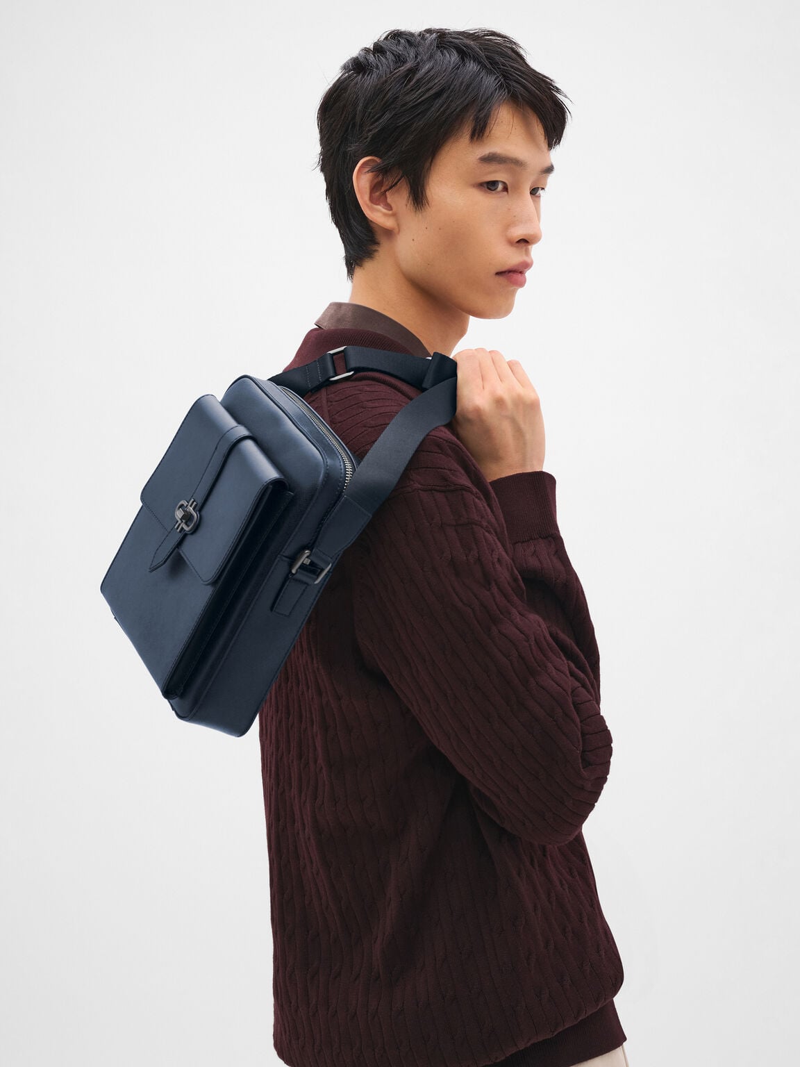Boxy Saffiano Leather Crossbody Bag, Navy Saffiano, hi-res