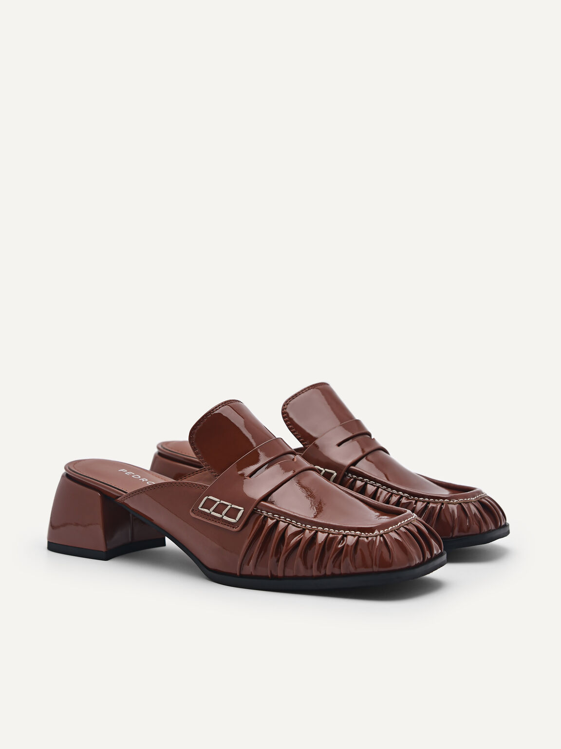Giày mules cao gót mũi vuông Carmen Leather, Nâu, hi-res