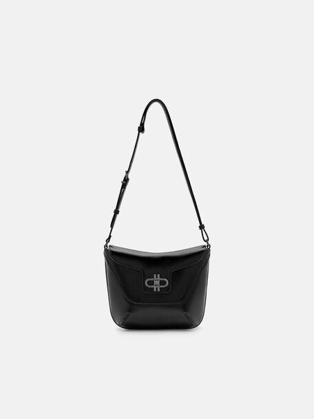 Túi đeo vai phom chữ nhật Icon Leather Satchel, Đen, hi-res