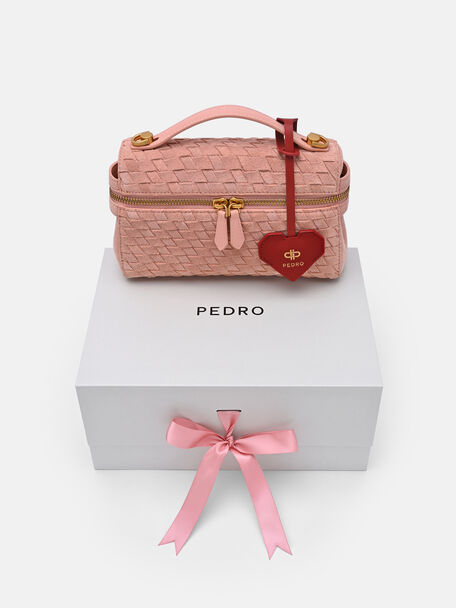 Alyssa Suede Woven Shoulder Bag with Charm, Pink Weave, hi-res