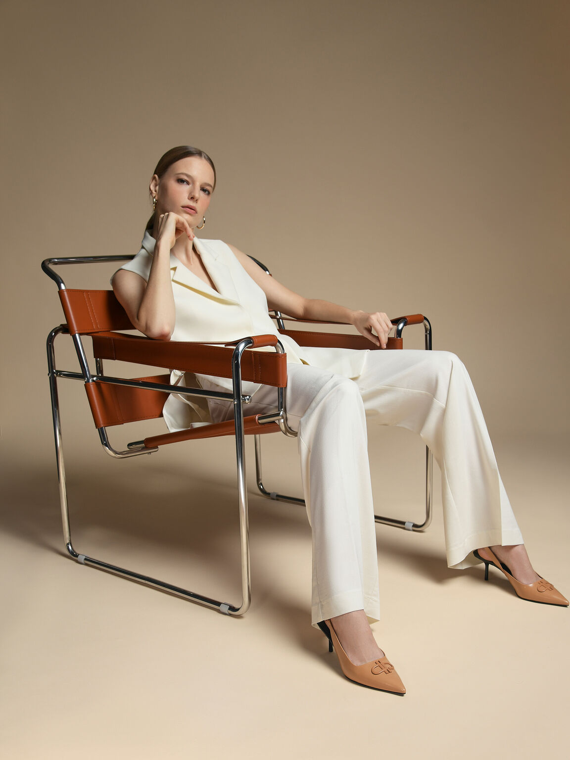 Icon Leather Pointed Toe Slingback Heels, Camel