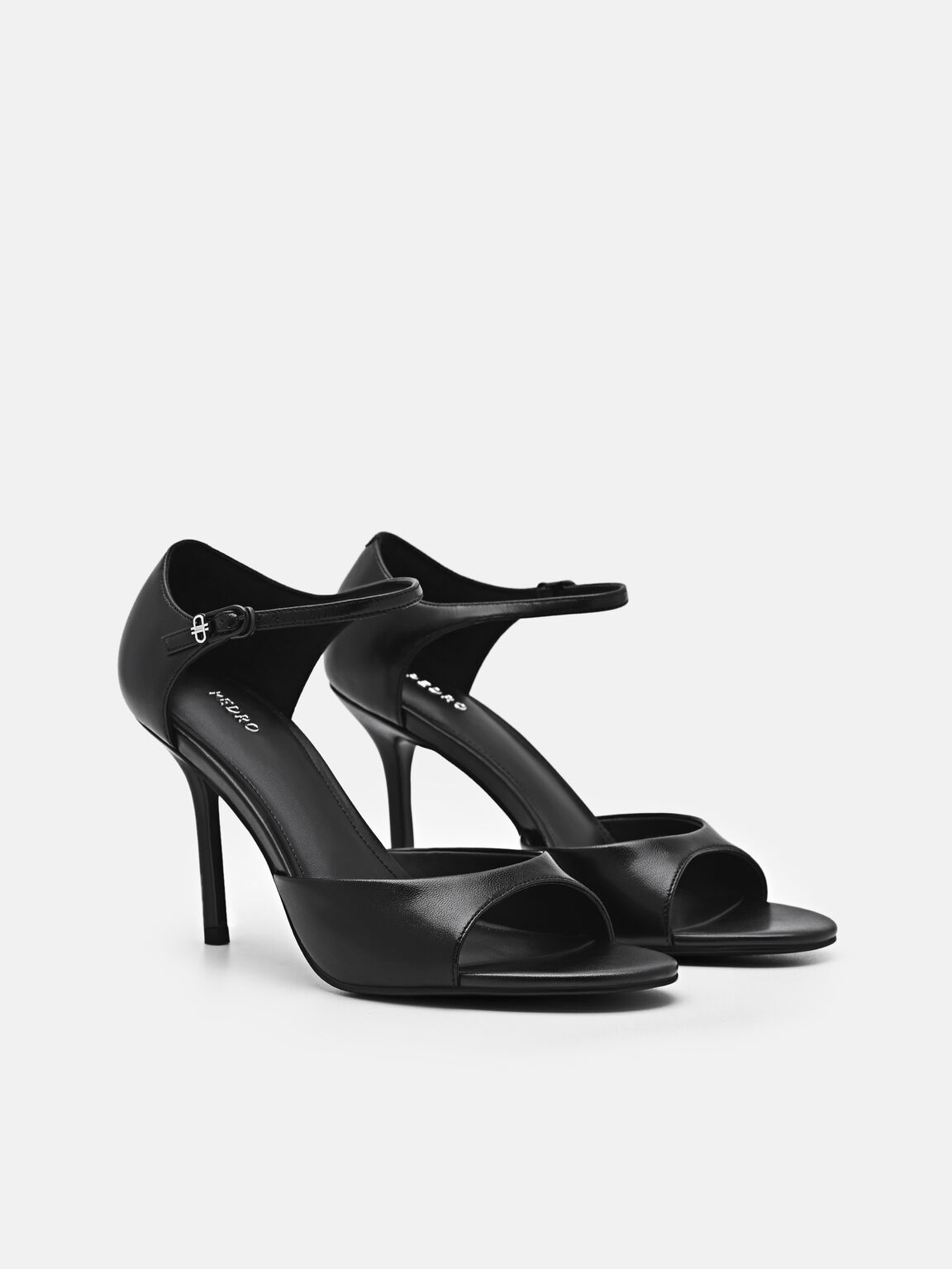 Giày sandals cao gót mũi tròn Leather, Đen, hi-res