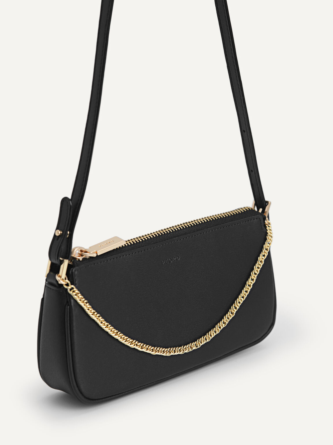 Leather Chain Detailed Shoulder Bag, Black, hi-res