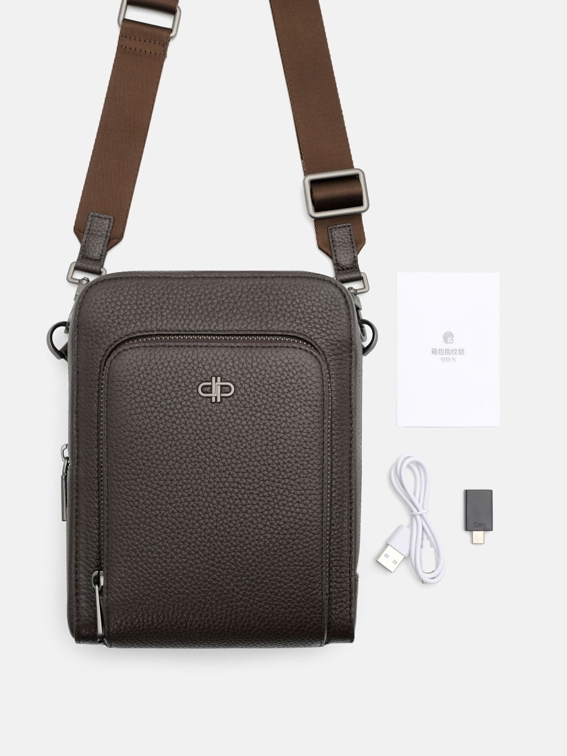Fingerprint Lock Crossbody Bag, Espresso Brown Tumble, hi-res