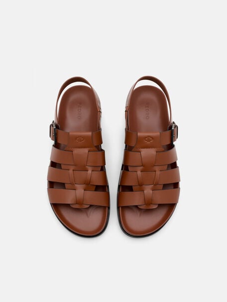 Gi&agrave;y sandals đế bệt Leather Caged, Rượu Cognac, hi-res