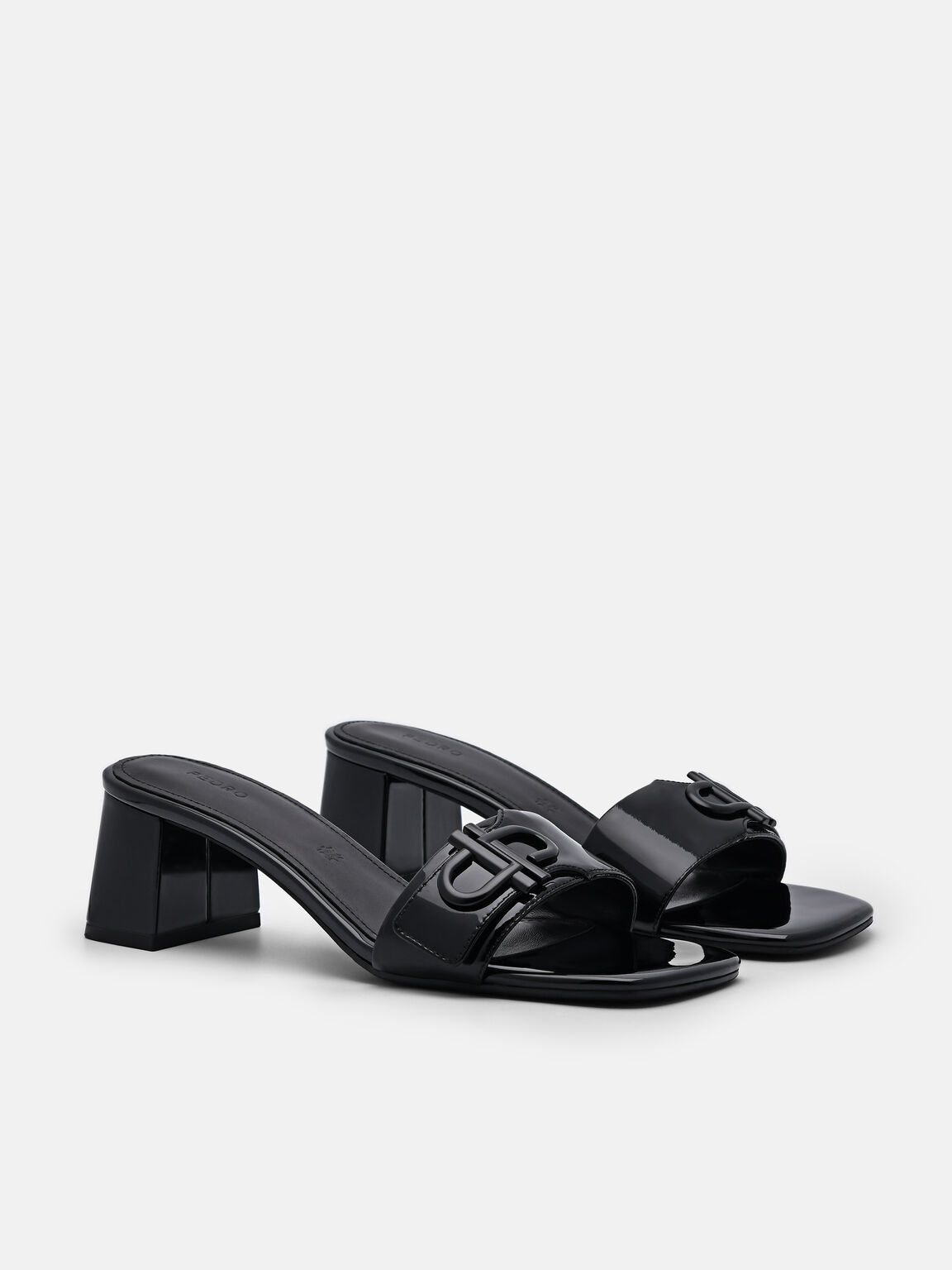Giày sandals cao gót mũi vuông Icon Leather, Đen, hi-res