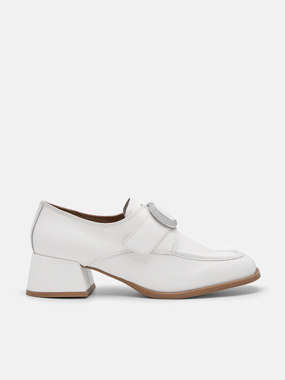 Eden Leather Heel Loafers, White, hi-res