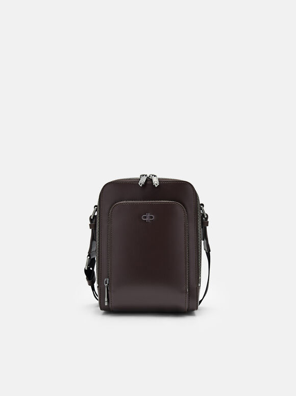 Túi đeo chéo phom chữ nhật Icon Leather, Nâu Đậm