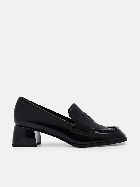 Maggie Leather Heel Loafers, Black, hi-res