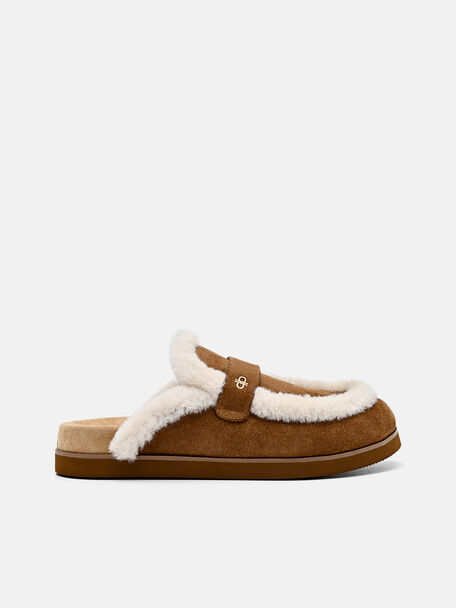 PEDRO Icon Leather Mules with Faux Shearling, Cognac, hi-res