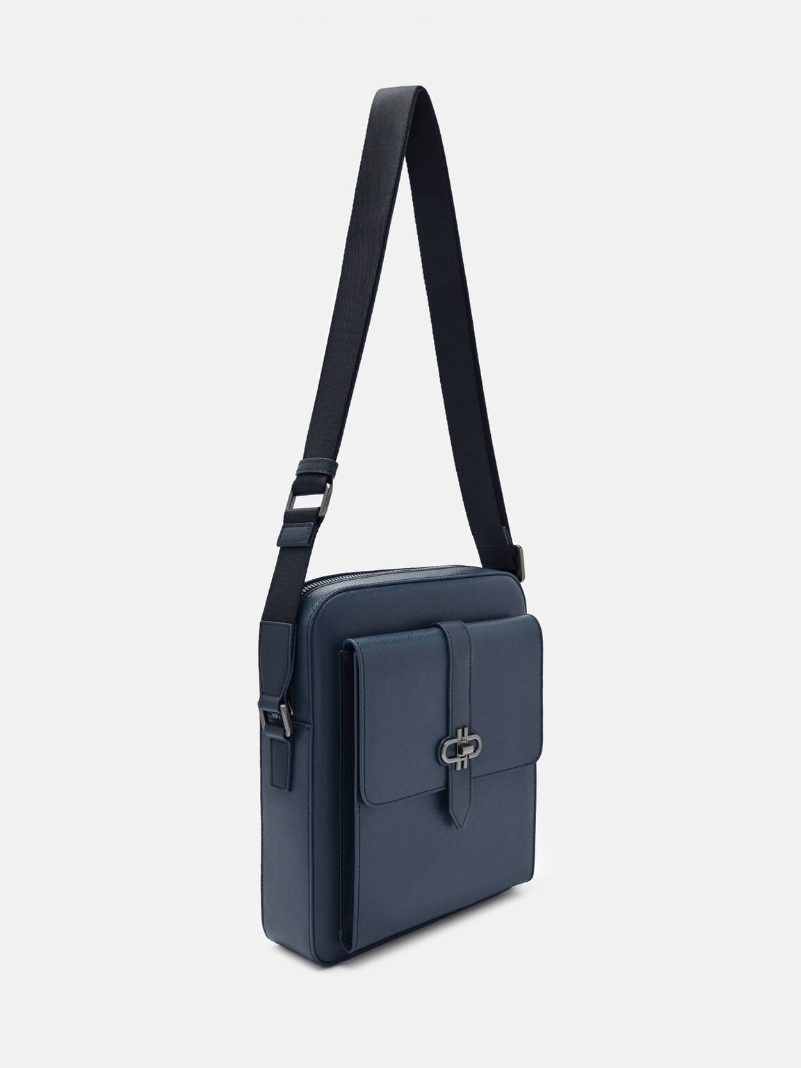 Boxy Saffiano Leather Crossbody Bag, Navy Saffiano, hi-res