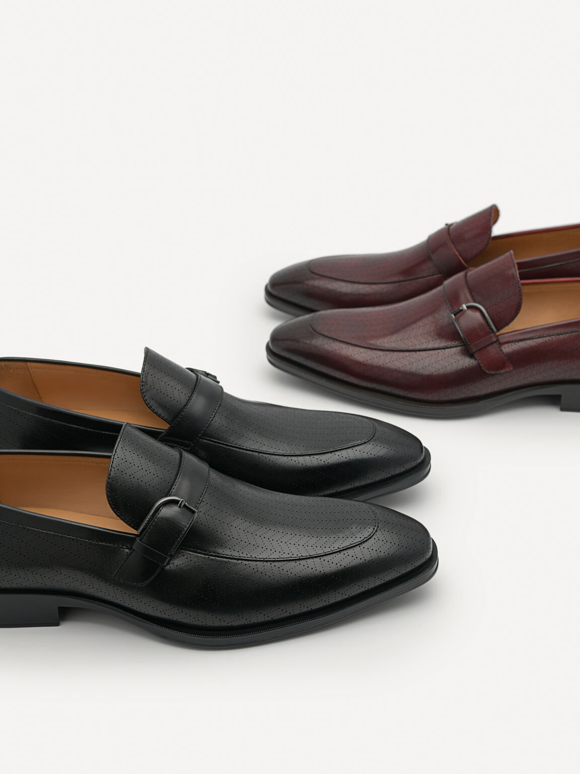 Leather Buckle Loafers, Maroon, hi-res