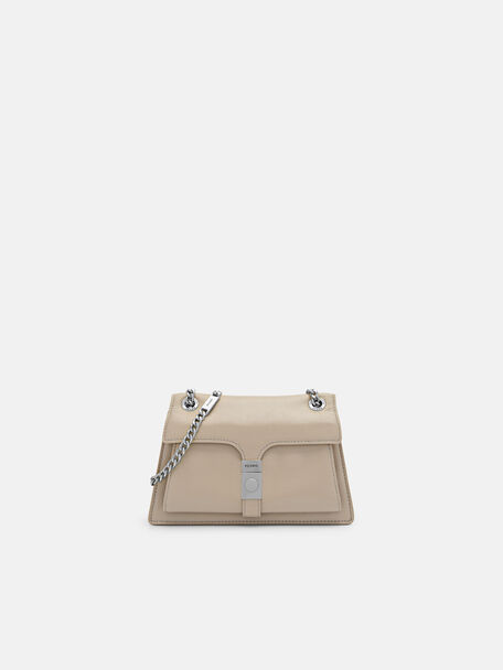 Túi đeo vai hình thang Studio Farida Leather Mini, Nâu Xám
