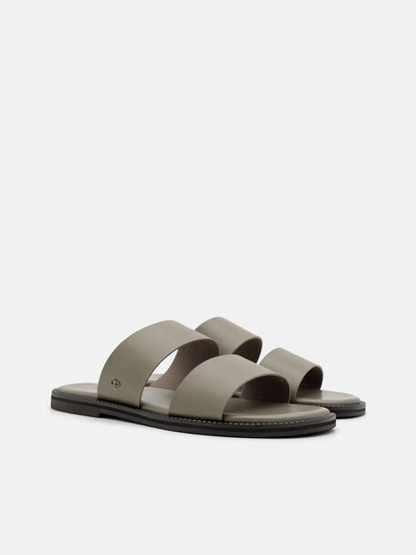 Leather Double-Strap Slide Sandals, Taupe, hi-res
