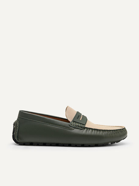 Spike Suede Leather Driving Shoes, Military Green