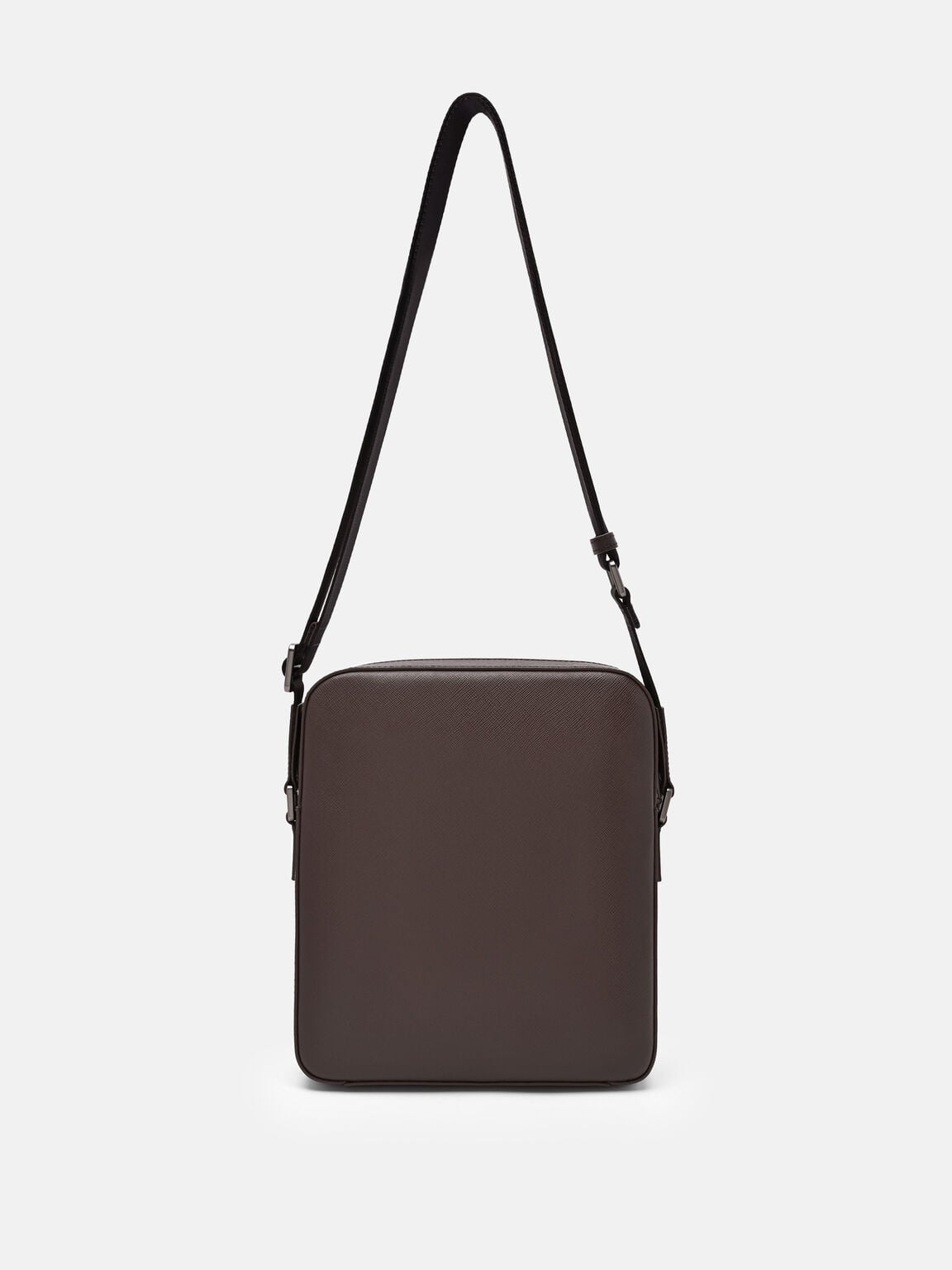 Boxy Saffiano Leather Crossbody Bag, Dark Brown Saffiano, hi-res