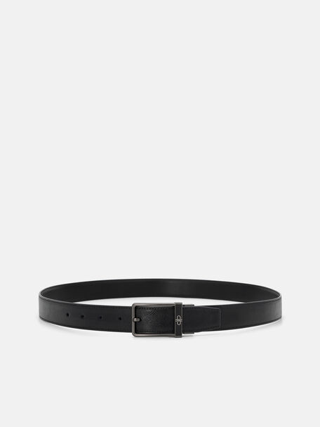 Leather Reversible Pin Belt, Black Embossed, hi-res