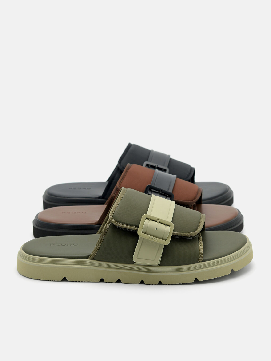 Fabric Slide Sandals, Black, hi-res