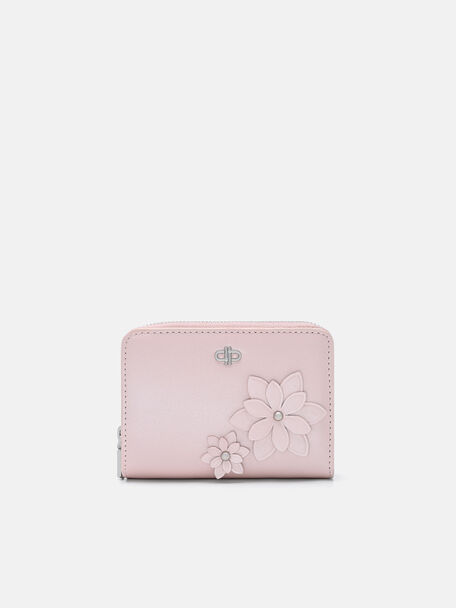 Leather Bi-Fold Floral Zip Wallet, Light Pink, hi-res