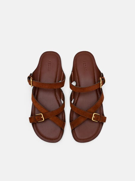 Leather Strappy Slide Sandals, Mahogany, hi-res