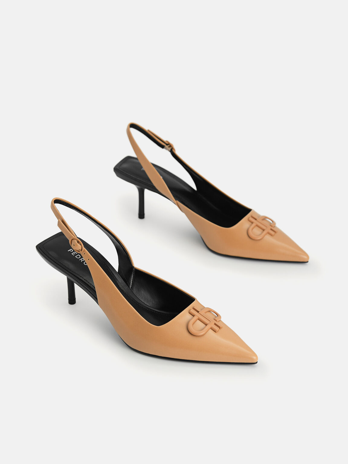 Icon Leather Pointed Toe Slingback Heels, Camel