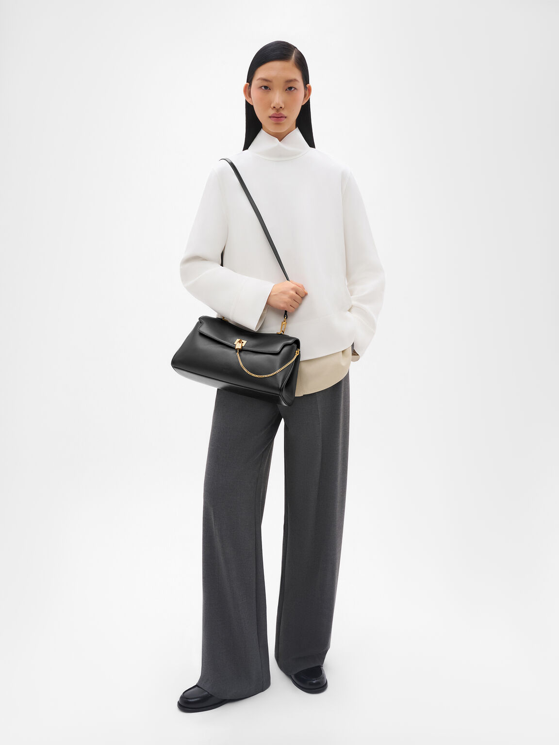 Mirelle Leather Shoulder Bag, Black, hi-res