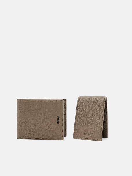 Ví ngắn dáng gập Embossed Leather, Nâu Xám