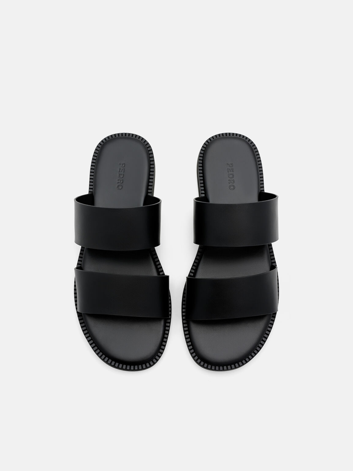 Leather Double-Strap Slide Sandals, Black, hi-res