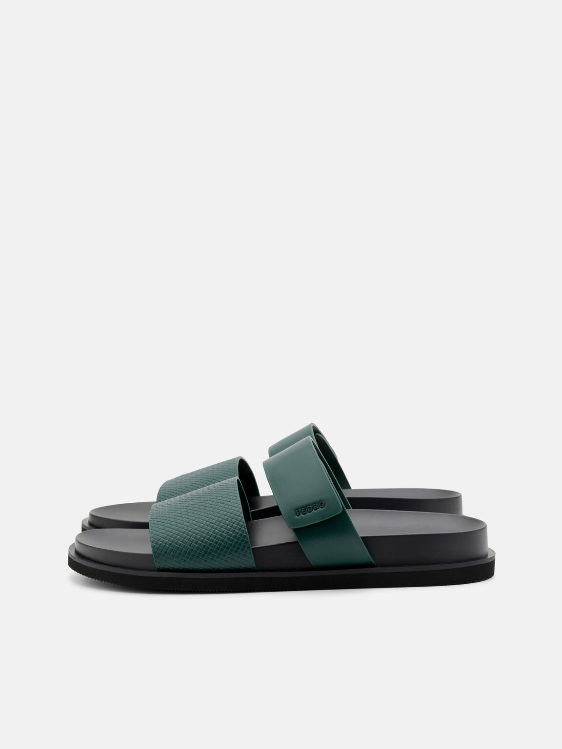 Embossed Slide Sandals, Dark Green, hi-res