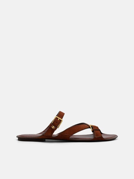 Leather Strappy Slide Sandals, Mahogany, hi-res