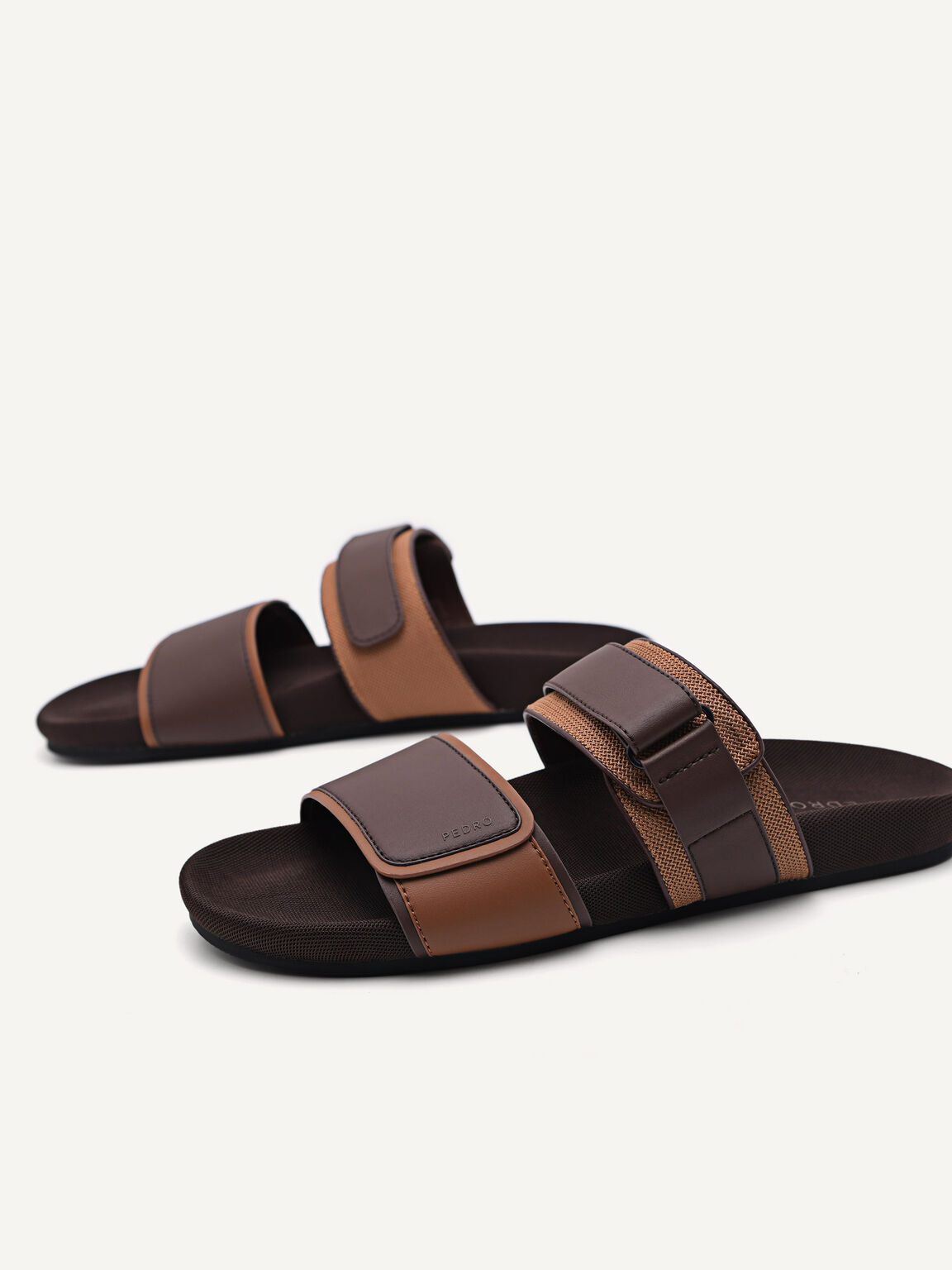 Double Strap Slide Sandals, Dark Brown, hi-res