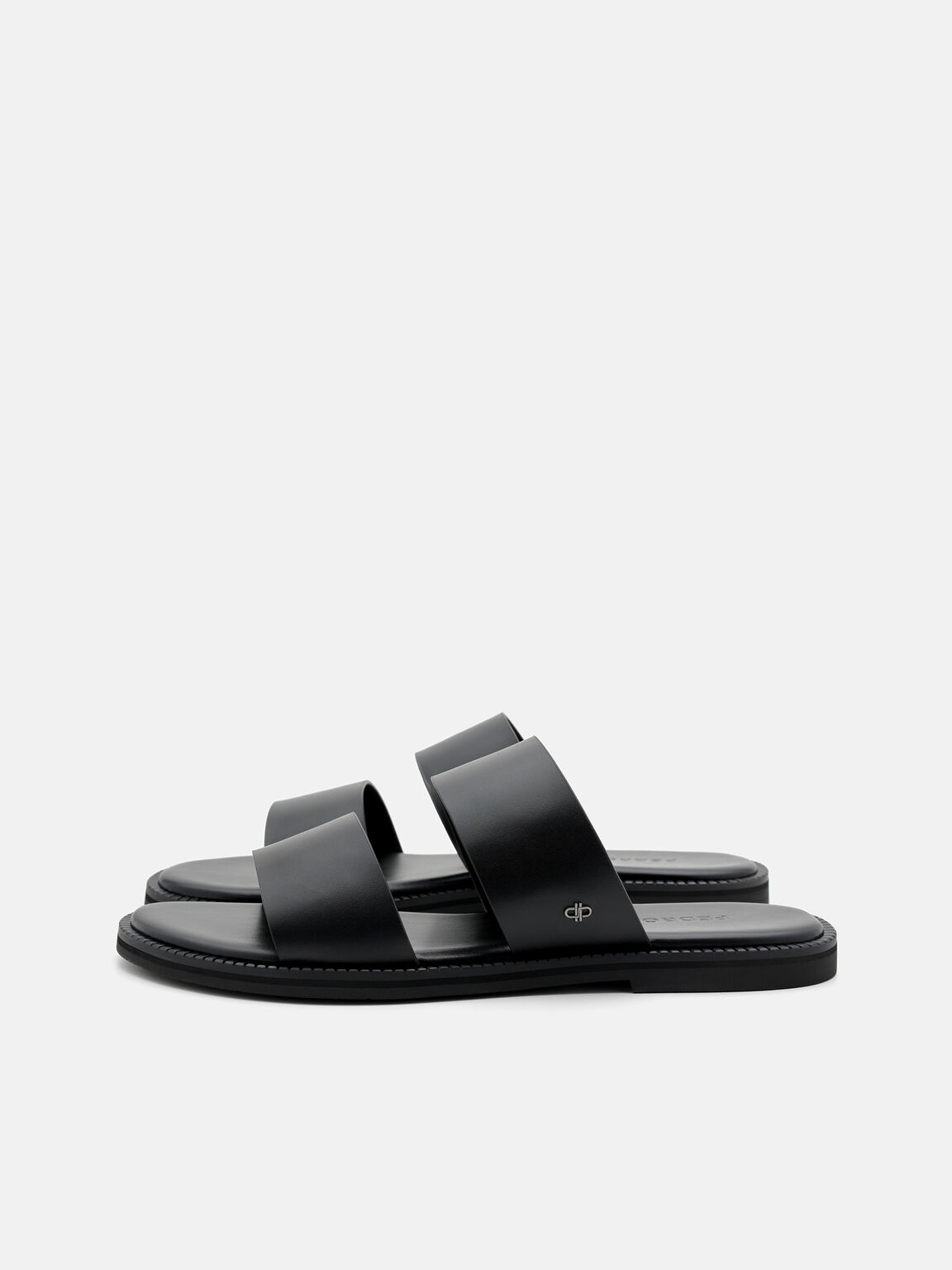 Leather Double-Strap Slide Sandals, Black, hi-res