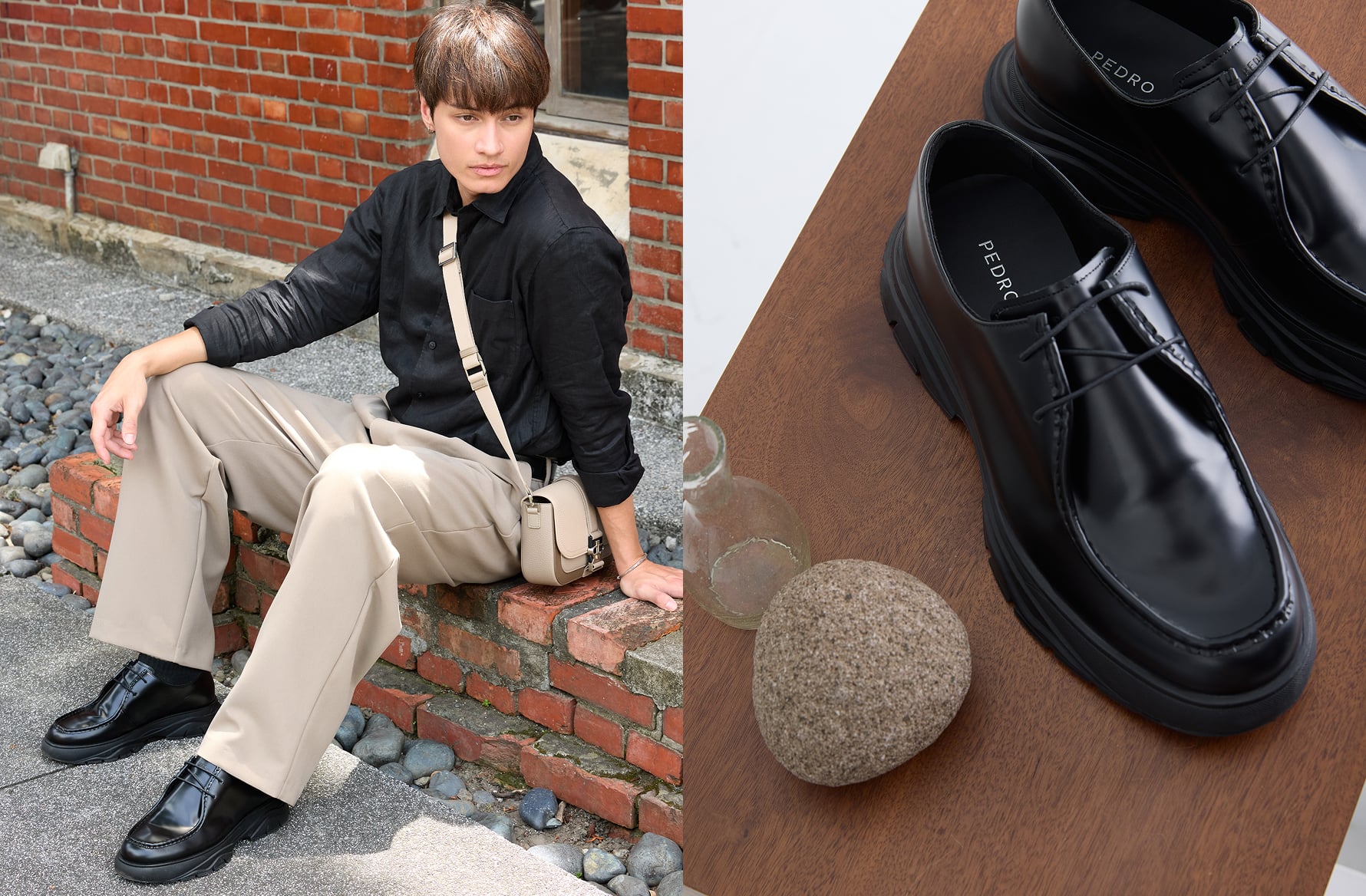 Model seated on a brick wall wearing the Hybrix Leather Derby Shoes, next to a product shot of the shoes on a wooden surface