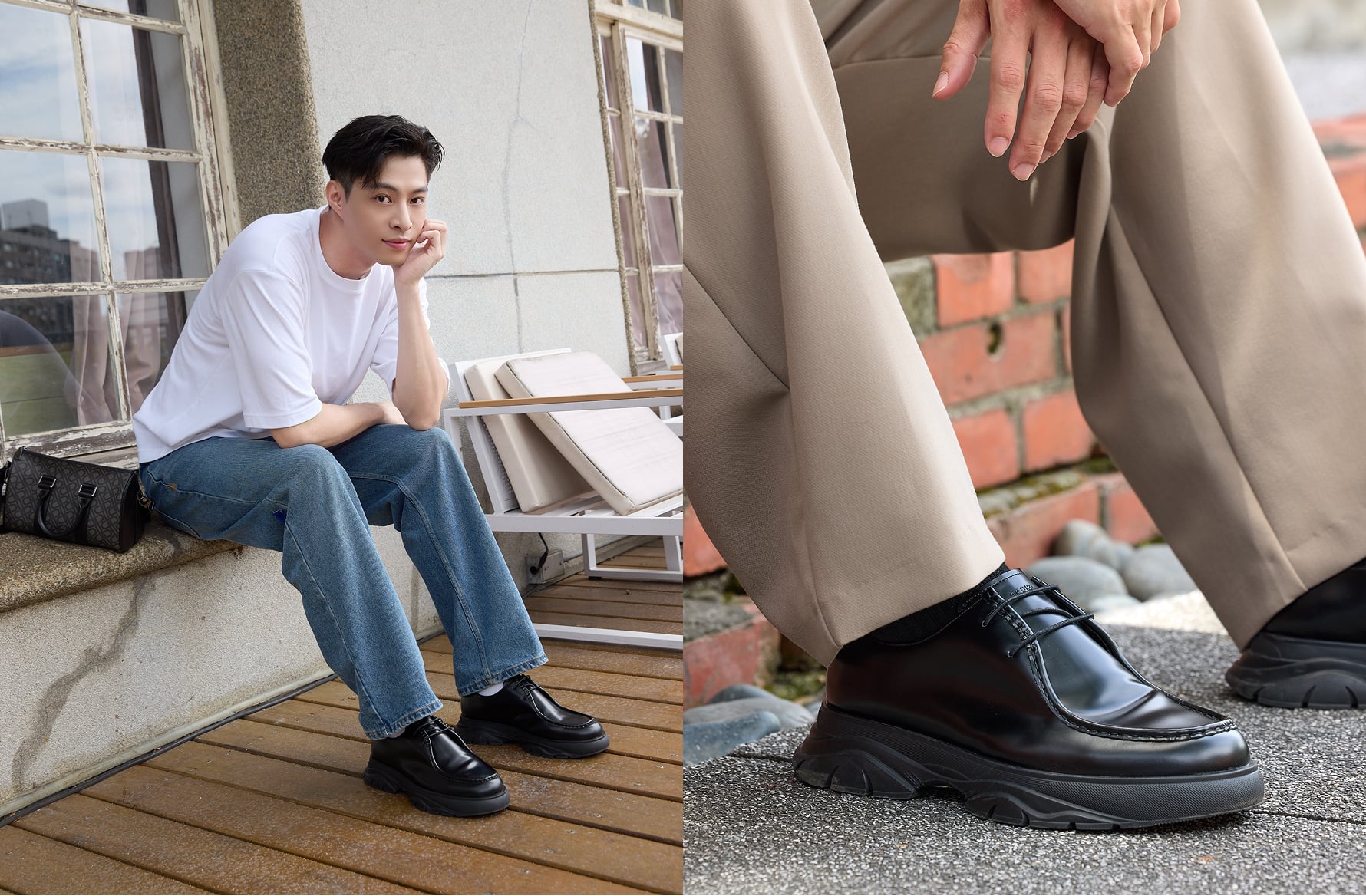 Model seated on a brick wall wearing the Hybrix Leather Derby Shoes, next to a product shot of the shoes on a wooden surface