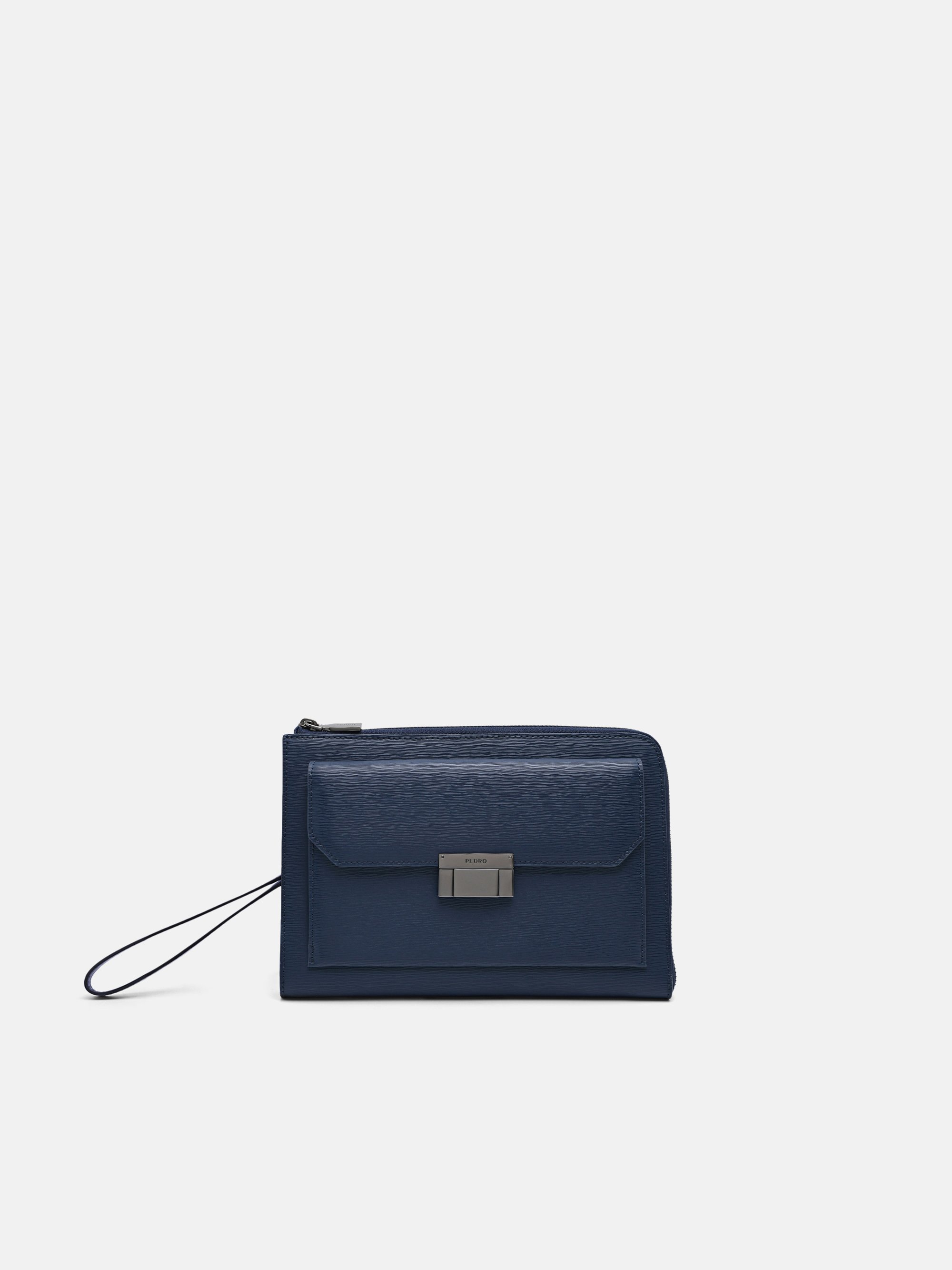 navy leather clutch