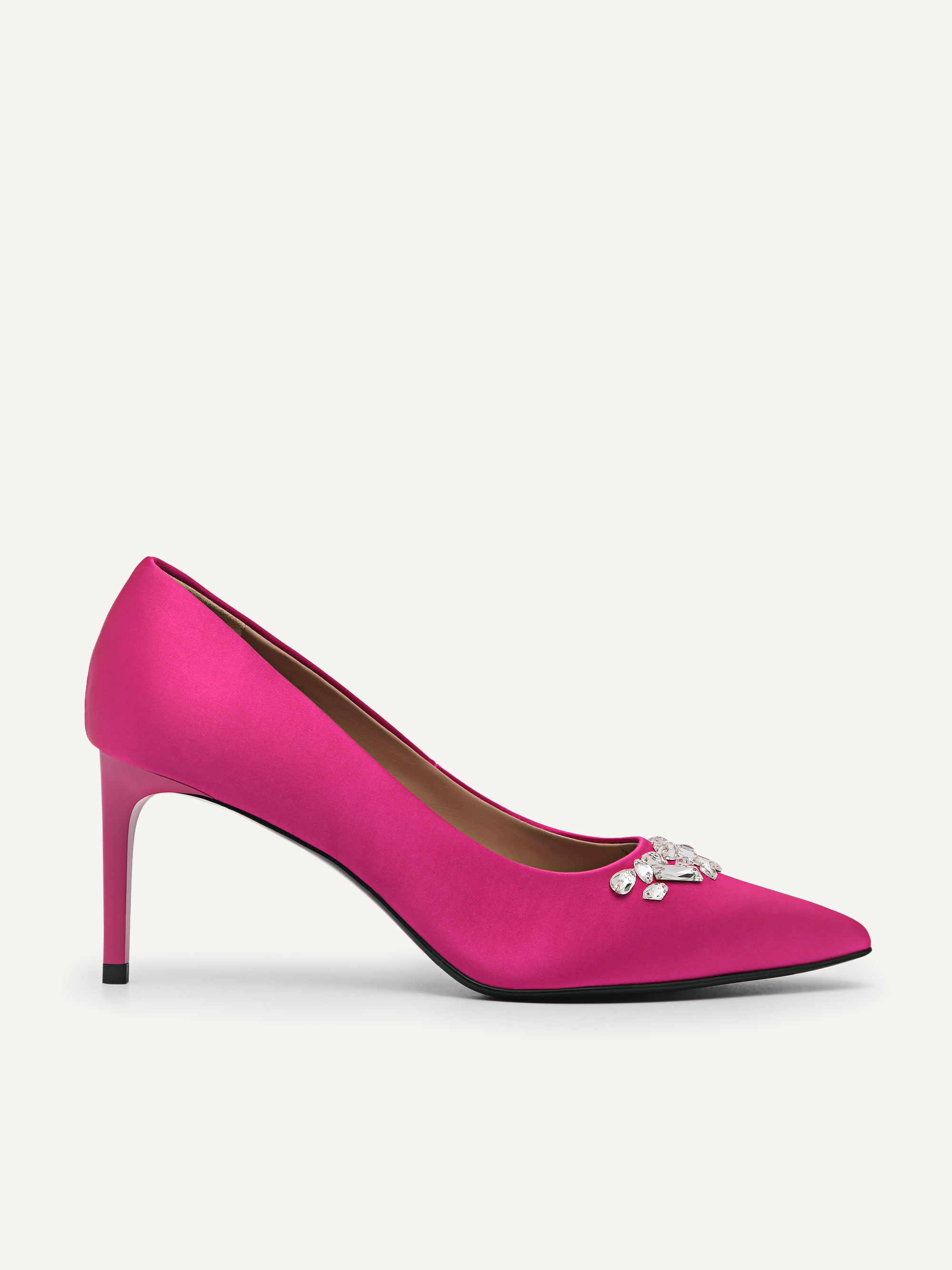 Fuchsia Embellished Satin Heeled Pumps 